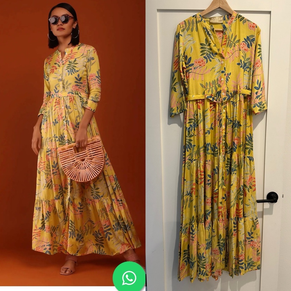 Kalki Fashion Floor Length kurti in Lemon hue with Leaf Print and Belt